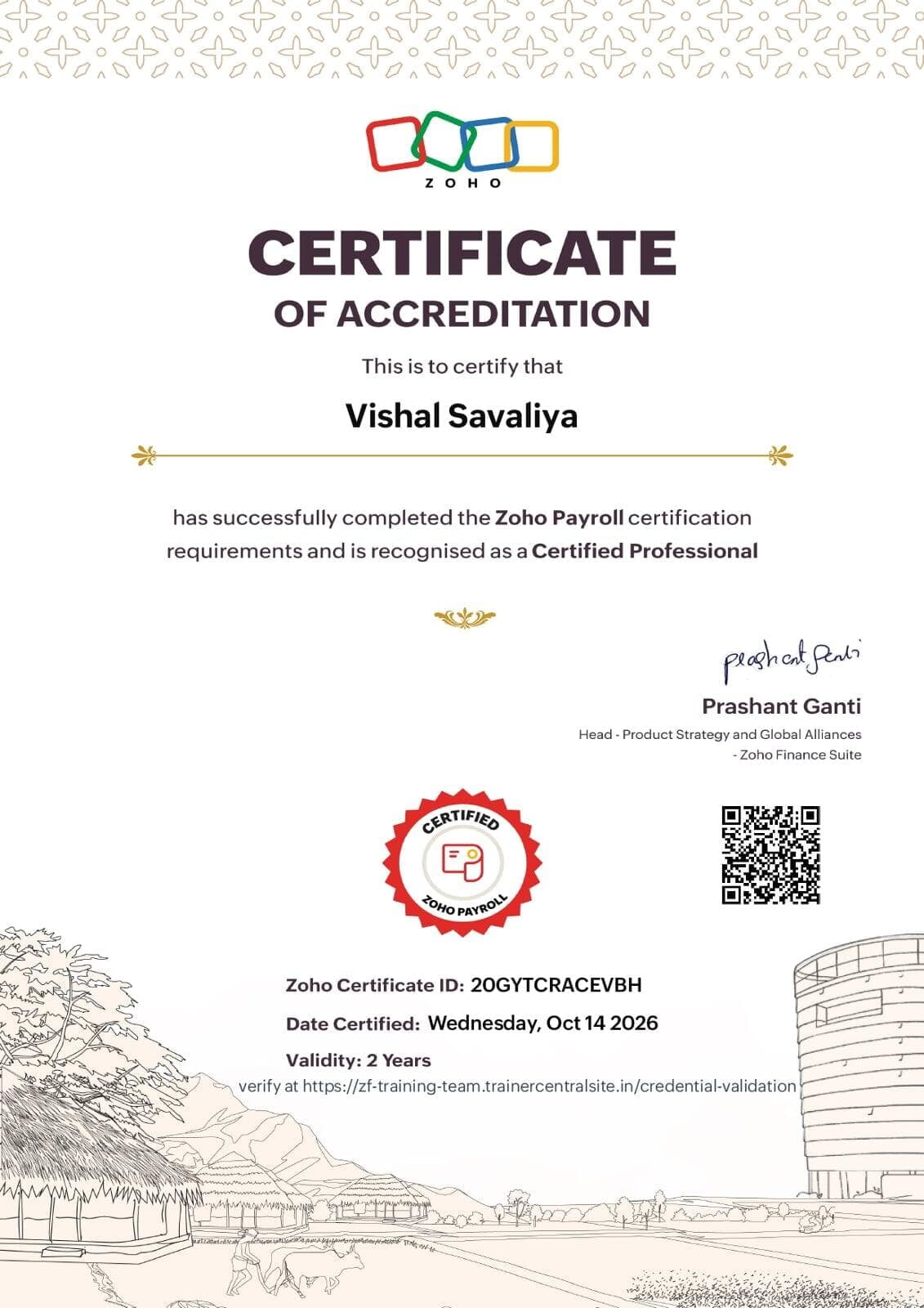 Zoho Payroll Certificate held by an Octfis team member